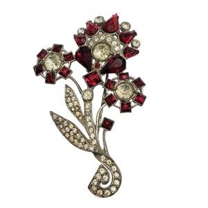Vintage Large Flower Brooch Silver Pot Metal Red Rhinestone Huge Lapel Pin 1930s